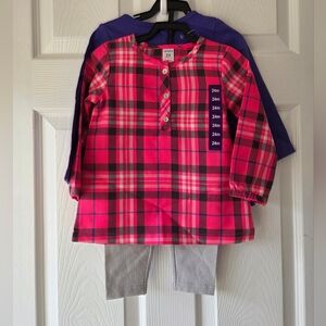 Carter's Girls 24 Months NWT 3Pc Set Pink Plaid Top, Purple Top, Sparkle Pants